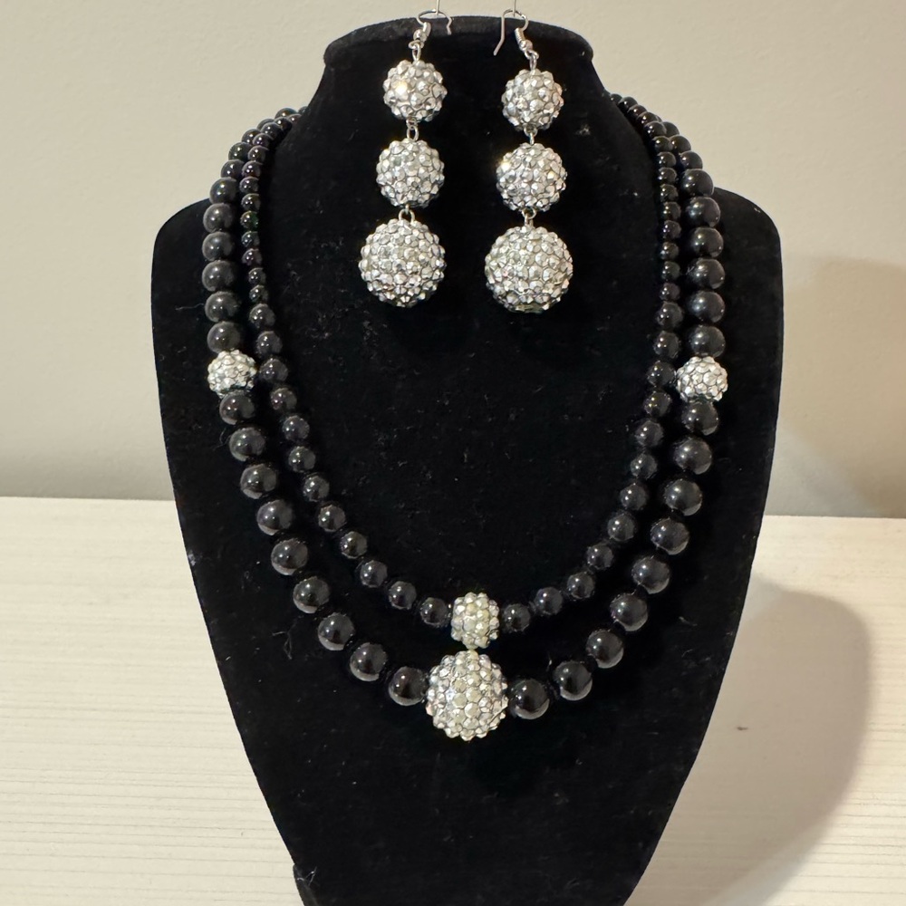 Elegant Black and Silver Beaded Necklace and Earring Set